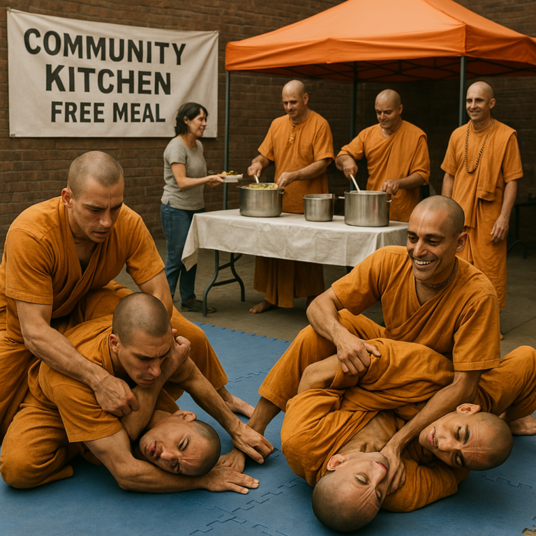 Devotees do jiu jitsu while serving Krishna prasad